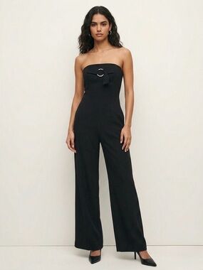 Forever 21 Contemporary Black Strapless Wide Leg O-Ring Jumpsuit M